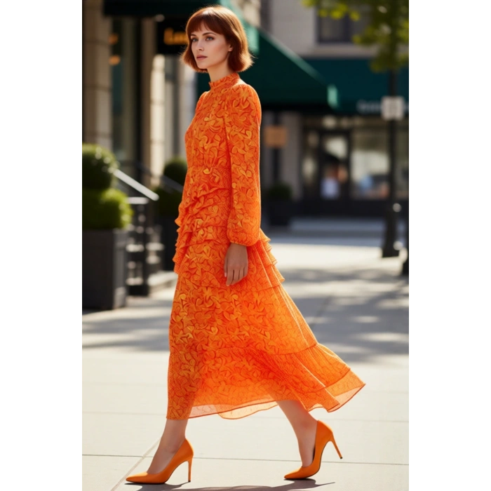 Kadın Astarlı Uzun Kollu Bisiklet Yaka Çiçek Desenli Maxi Eteği Fırfırlı Şifon Elbise Kaliteli