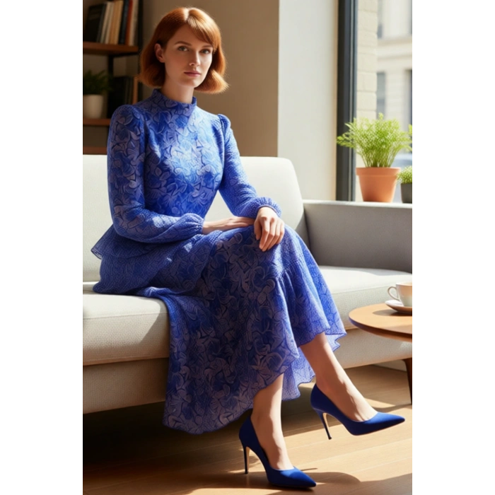 Kadın Astarlı Uzun Kollu Bisiklet Yaka Çiçek Desenli Maxi Eteği Fırfırlı Şifon Elbise Kaliteli