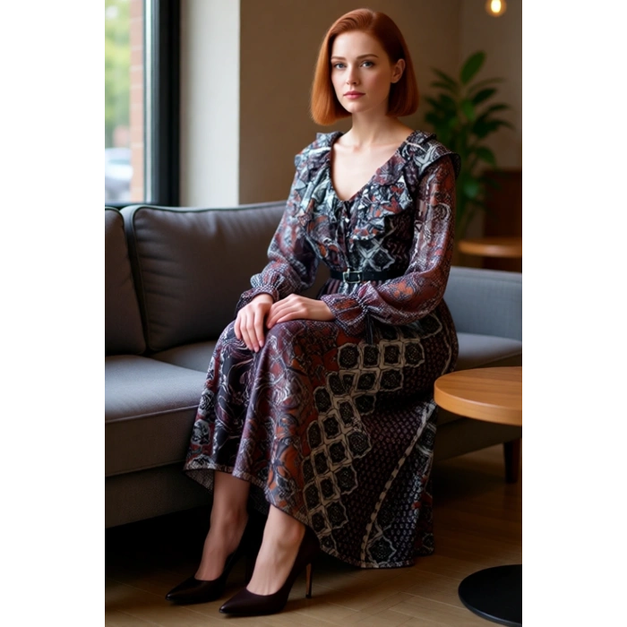 Kadın Astarlı V Yaka Balon Kol Şal Desenli Maxi Elbise Skater Kalıbı İle Göz Kamaştırır. Kaliteli