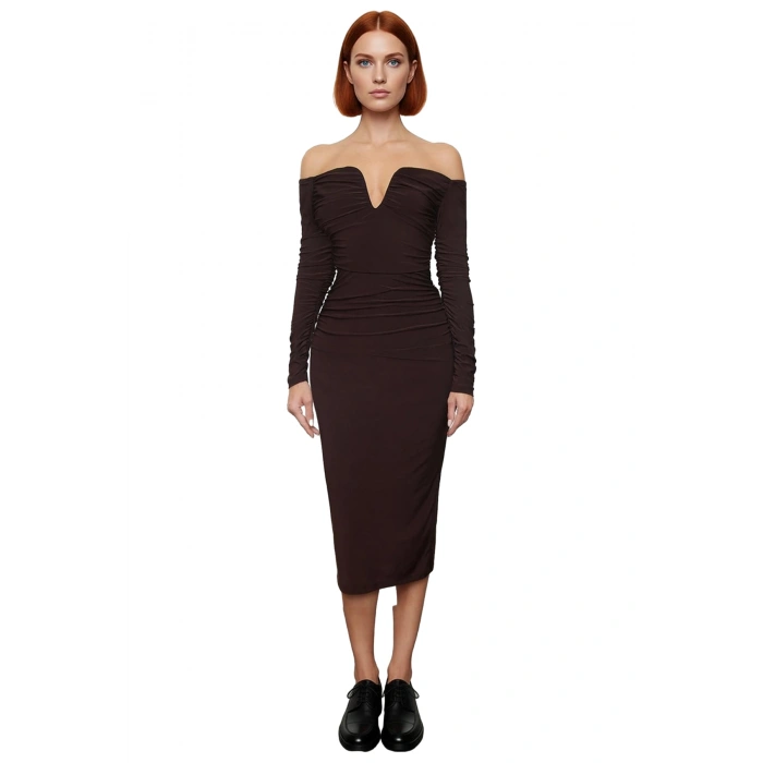 Kadın Astarsız Bodycone Siluet Uzun Kollu Büzgülü Örme Kokteyl Elbisesi Kış Sezonu Kaliteli