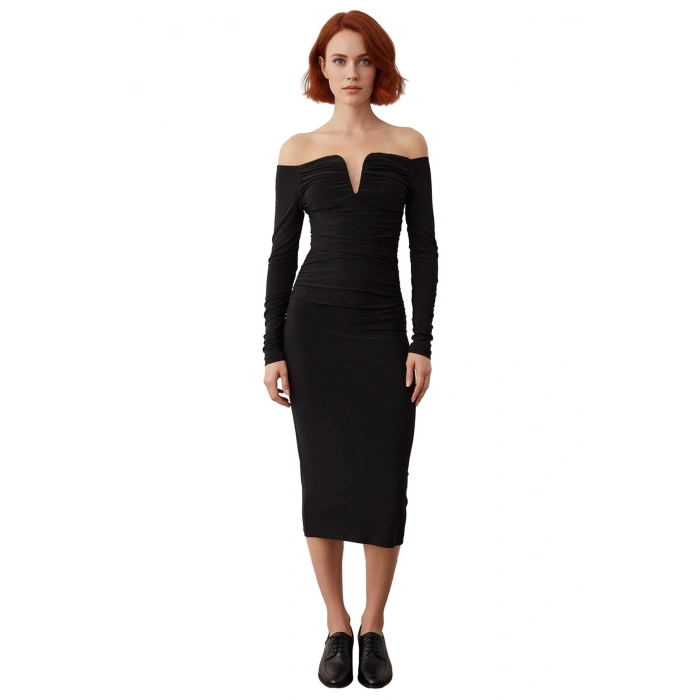 Kadın Astarsız Bodycone Siluet Uzun Kollu Büzgülü Örme Kokteyl Elbisesi Kış Sezonu Kaliteli