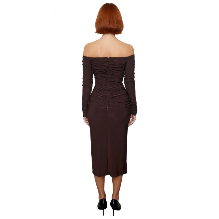 Kadın Astarsız Bodycone Siluet Uzun Kollu Büzgülü Örme Kokteyl Elbisesi Kış Sezonu Kaliteli