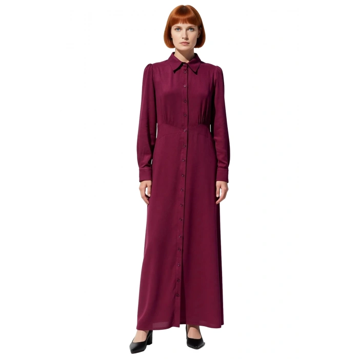 Kadın Astarsız Dokuma Maxi Boy Gömlek Yaka Uzun Kollu Skater Kalıp Düz Elbise Kışlık Şıklık