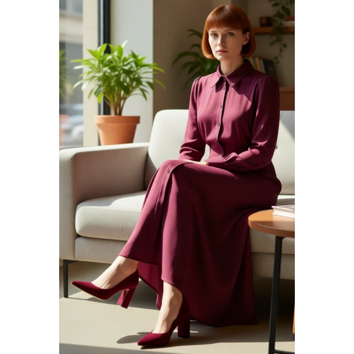 Kadın Astarsız Dokuma Maxi Boy Gömlek Yaka Uzun Kollu Skater Kalıp Düz Elbise Kışlık Şıklık