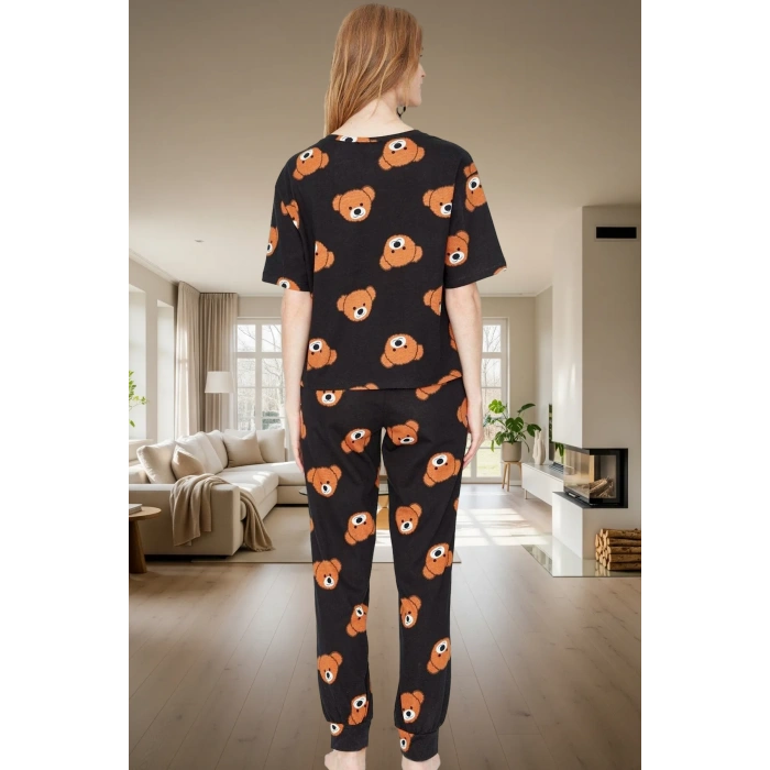 Kadın Ayıcıklı %100 Pamuklu Pijama Takımı Rahat Boru Paça Lounge Giyim Yüksek Kalite
