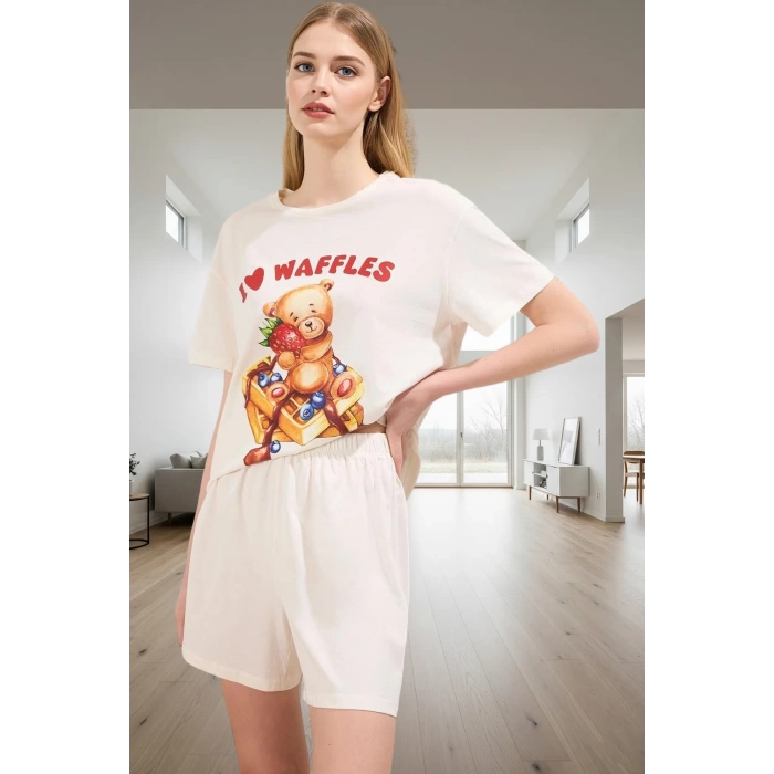 Kadın Ayıcıklı Desenli Pamuklu Kısa Kollu Pijama Takımı Rahat Ev Giyim Profesyonel Görünüm