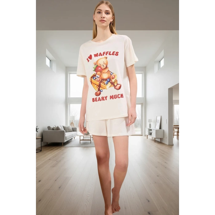 Kadın Ayıcıklı Desenli Pamuklu Kısa Kollu Pijama Takımı Rahat Ev Giyim Profesyonel Görünüm