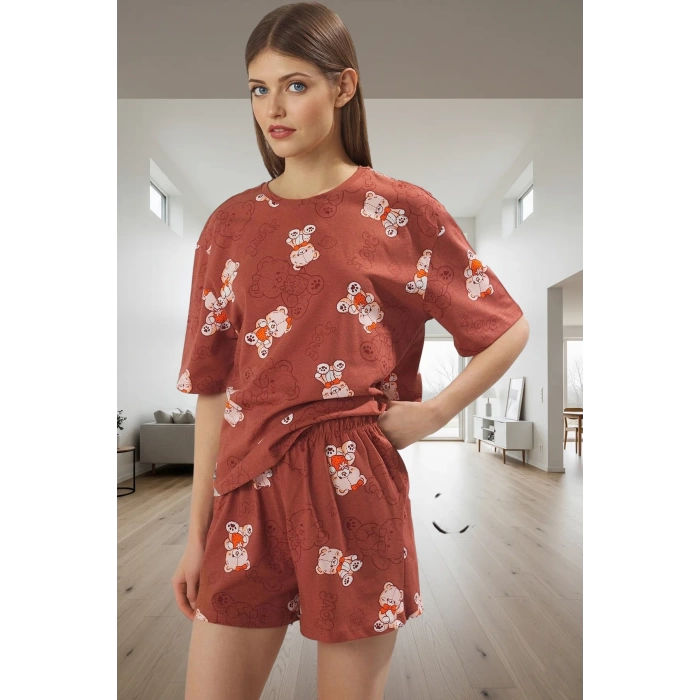 Kadın Ayıcıklı Pamuklu Pijama Takımı Kısa Kollu Regular Kalıp Yazlık Ev Giysisi Şık Görünüm