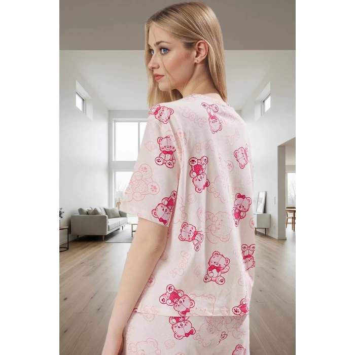 Kadın Ayıcıklı Pamuklu Pijama Takımı Kısa Kollu Regular Kalıp Yazlık Ev Giysisi Şık Görünüm