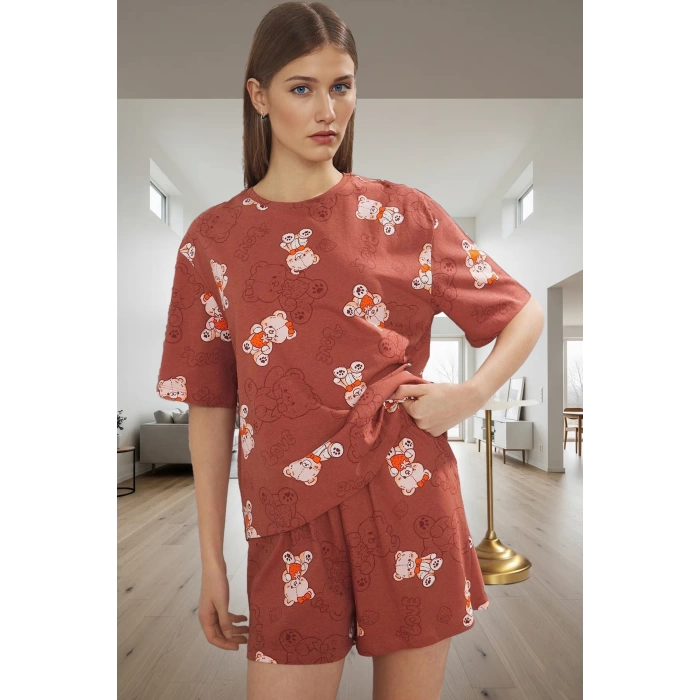 Kadın Ayıcıklı Pamuklu Pijama Takımı Kısa Kollu Regular Kalıp Yazlık Ev Giysisi Şık Görünüm