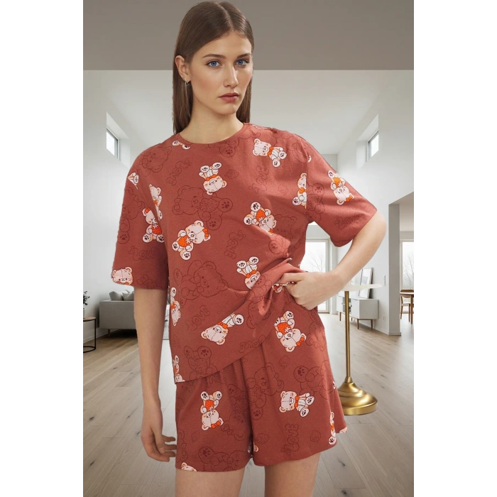 Kadın Ayıcıklı Pamuklu Pijama Takımı Kısa Kollu Regular Kalıp Yazlık Ev Giysisi Şık Görünüm