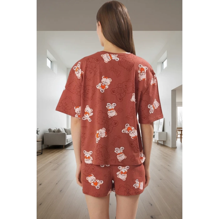 Kadın Ayıcıklı Pamuklu Pijama Takımı Kısa Kollu Regular Kalıp Yazlık Ev Giysisi Şık Görünüm