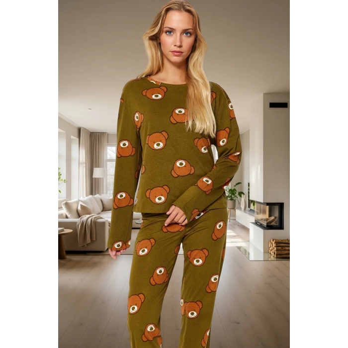 Kadın Ayıcıklı Pijama Takımı %100 Pamuk Boru Paça Uzun Kollu Rahat Uyku Özel Tasarım Ömürlü