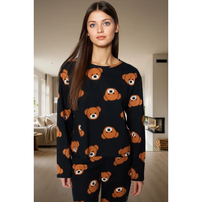 Kadın Ayıcıklı Pijama Takımı %100 Pamuk Boru Paça Uzun Kollu Rahat Uyku Özel Tasarım Ömürlü