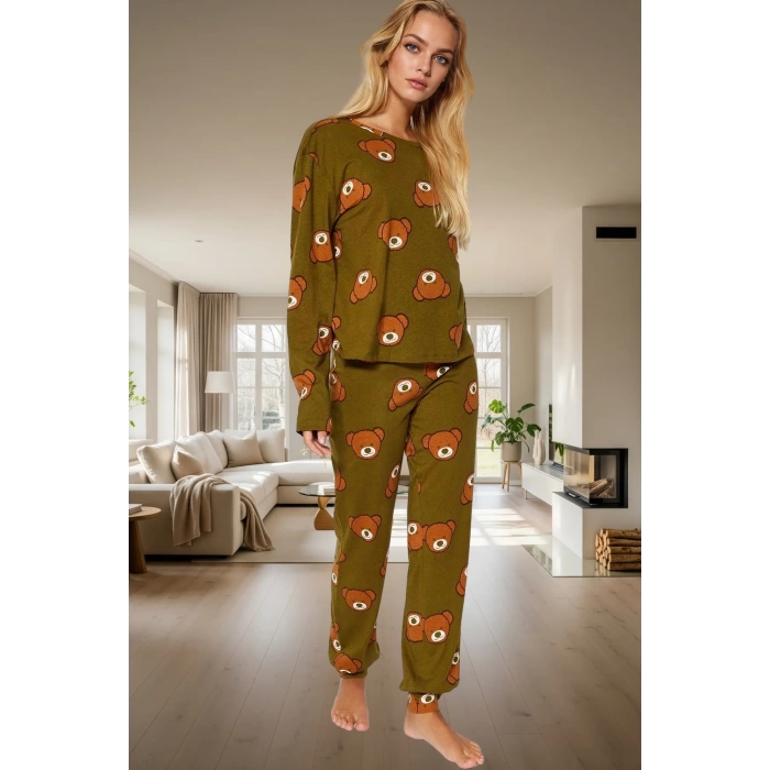 Kadın Ayıcıklı Pijama Takımı %100 Pamuk Boru Paça Uzun Kollu Rahat Uyku Özel Tasarım Ömürlü