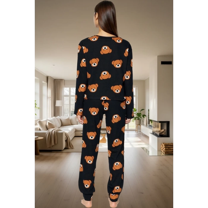 Kadın Ayıcıklı Pijama Takımı %100 Pamuk Boru Paça Uzun Kollu Rahat Uyku Özel Tasarım Ömürlü