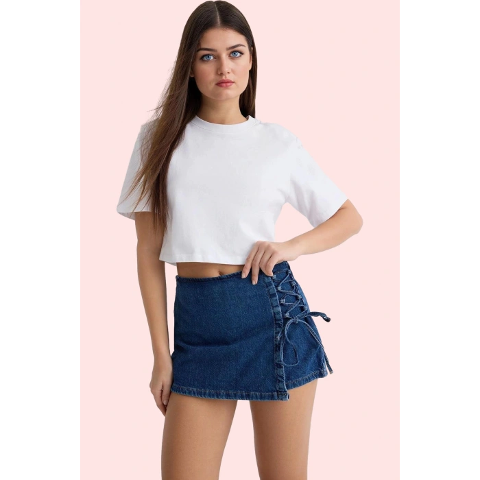 Kadın Bağlama Detaylı Denim Şort Etek Pamuk Normal Bel Kısa Boy Günlük Yaz Aylarının Vazgeçilmezi