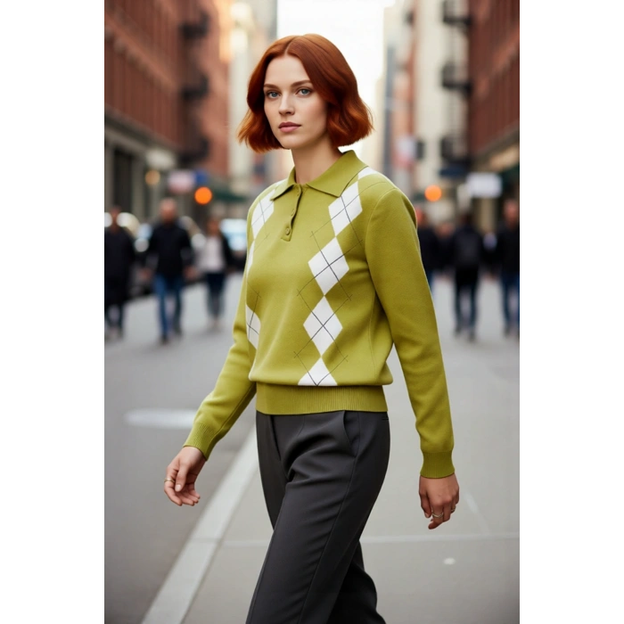 Kadın Baklava Desenli Polo Yaka Triko Kazak Kış ve Sonbahar Şıklığınıza Klasik Bir Dokunuş