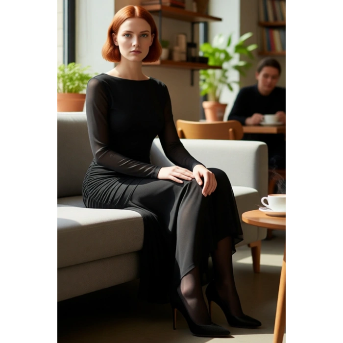 Kadın Balık Kalıp Tül Örme Abiye Maxi Elbise Kayık Yaka Uzun Kollu Şık Gece Kokteyl Kaliteli