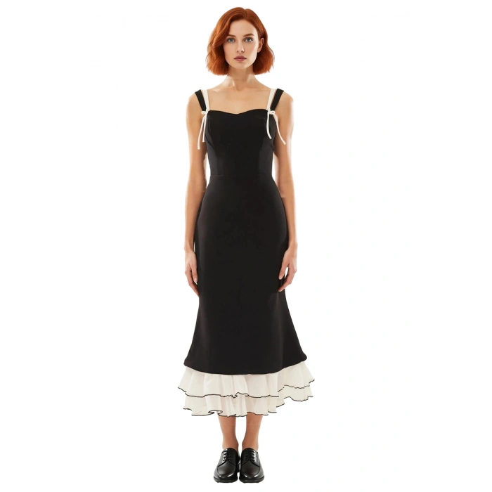 Kadın Balık Kesim Fiyonk Detaylı İnce Askılı Kalp Yaka Maxi Abiye Elbise Düğün Nikah Özel Davetler