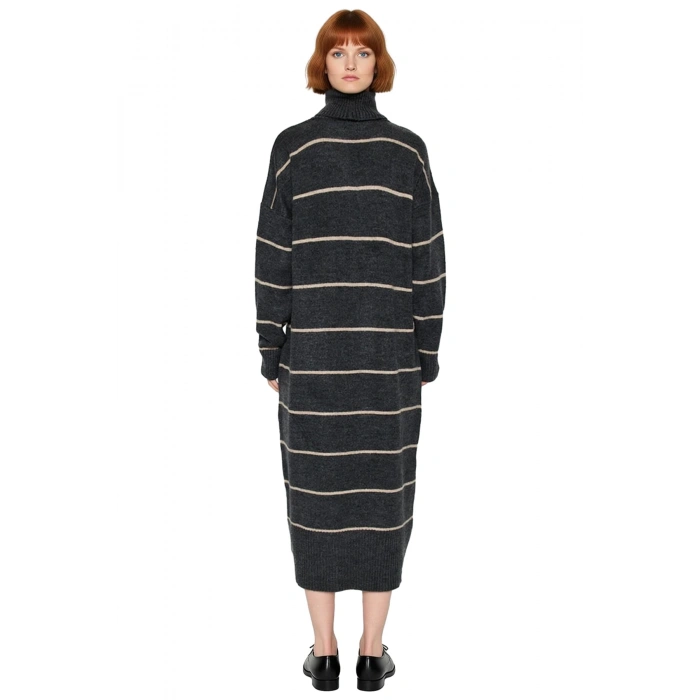 Kadın Balıkçı Yaka Çizgili Shift Kalıp Uzun Kollu Triko Elbise Kış Aylarının Vazgeçilmezi Kaliteli