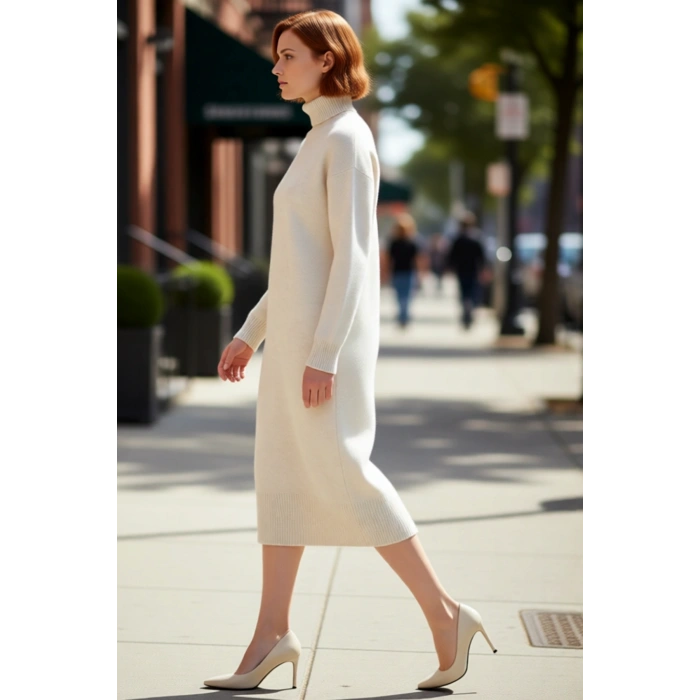 Kadın Balıkçı Yaka Çizgili Shift Kalıp Uzun Kollu Triko Elbise Kış Aylarının Vazgeçilmezi Kaliteli