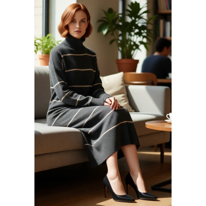 Kadın Balıkçı Yaka Çizgili Shift Kalıp Uzun Kollu Triko Elbise Kış Aylarının Vazgeçilmezi Kaliteli