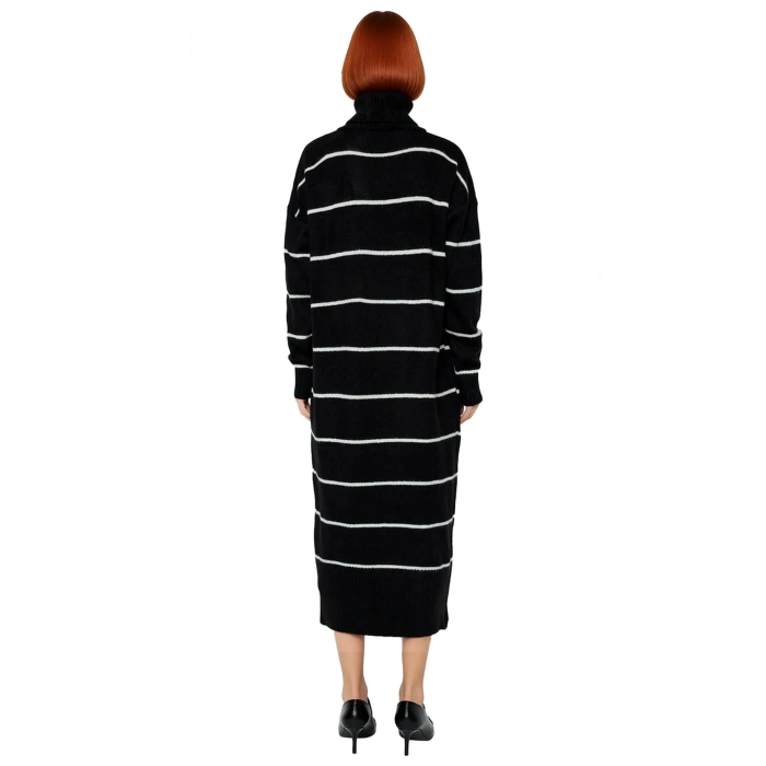 Kadın Balıkçı Yaka Çizgili Shift Kalıp Uzun Kollu Triko Elbise Kış Aylarının Vazgeçilmezi Kaliteli