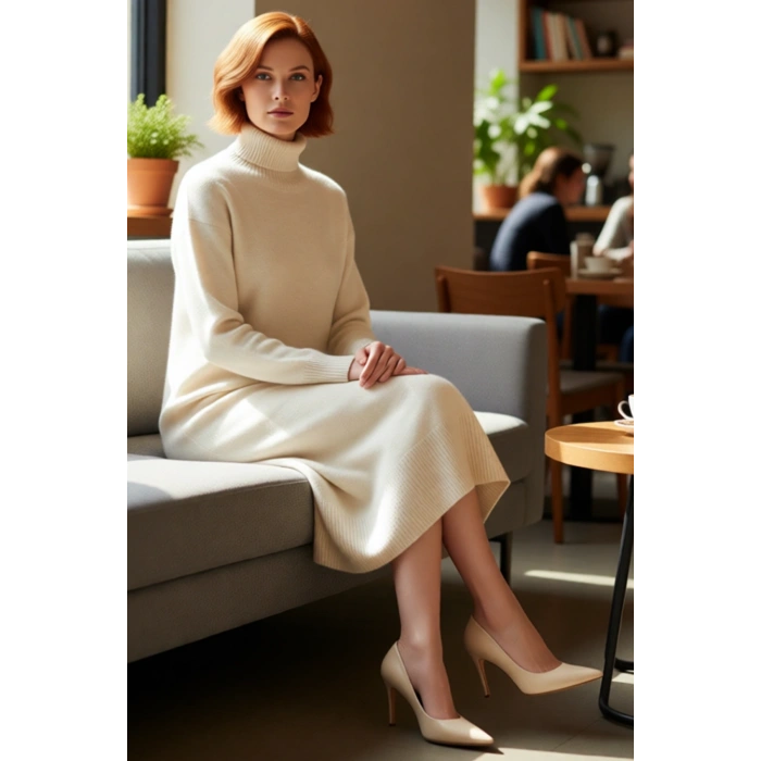 Kadın Balıkçı Yaka Çizgili Shift Kalıp Uzun Kollu Triko Elbise Kış Aylarının Vazgeçilmezi Kaliteli