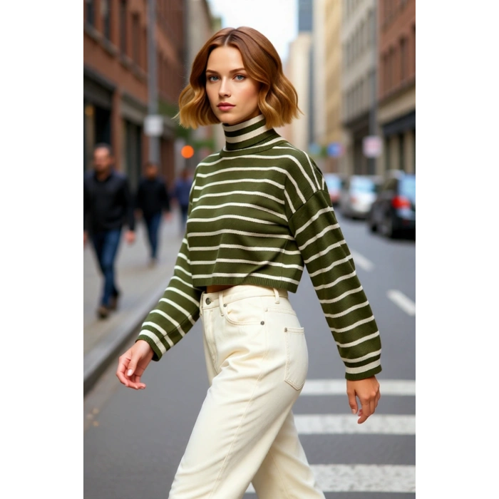 Kadın Balıkçı Yaka Haki Çizgili Crop Triko Kazak Orta Kalınlıkta Uzun Düşük Kol Basic Stil