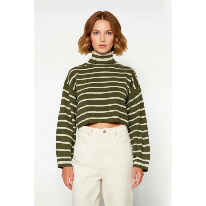 Kadın Balıkçı Yaka Haki Çizgili Crop Triko Kazak Orta Kalınlıkta Uzun Düşük Kol Basic Stil