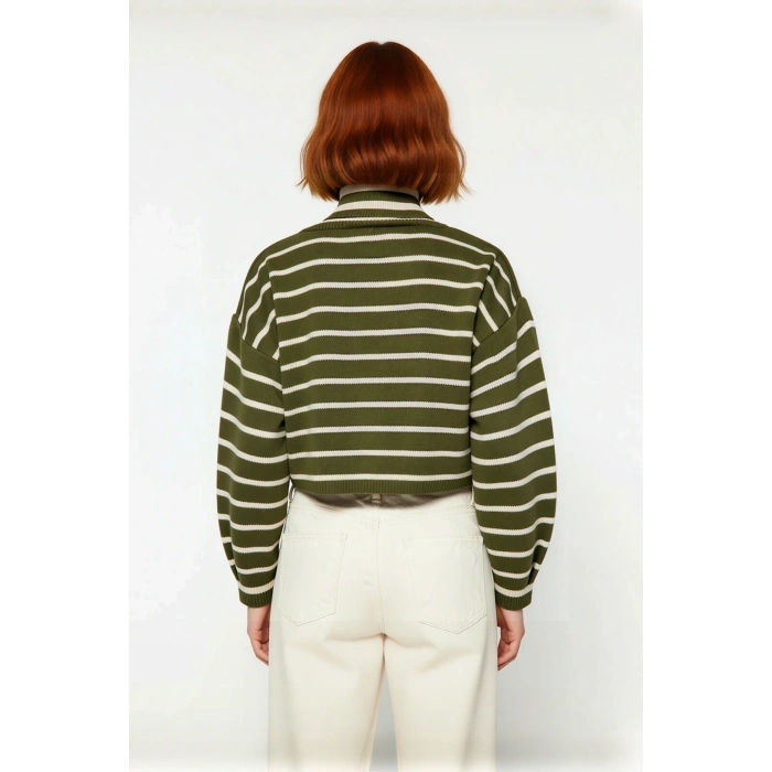 Kadın Balıkçı Yaka Haki Çizgili Crop Triko Kazak Orta Kalınlıkta Uzun Düşük Kol Basic Stil