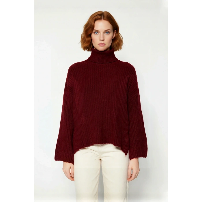 Kadın Balıkçı Yaka Oversize Düz Triko Kazak Kış Aylarında Modern ve Rahat Bir Tarz Sunar Kaliteli