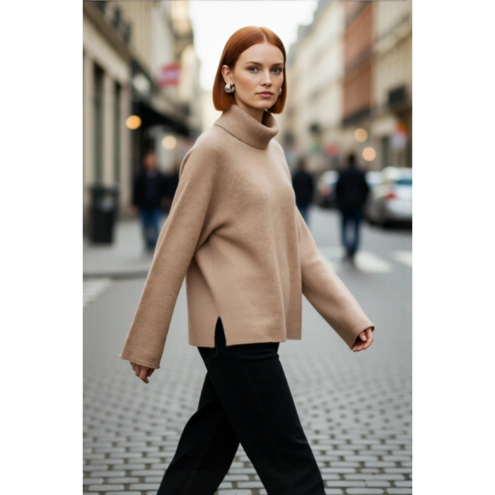 Kadın Balıkçı Yaka Oversize Reglan Kol Triko Kazak Günlük Kullanım İçin Sıcak Tutan Rahat Bir Stil