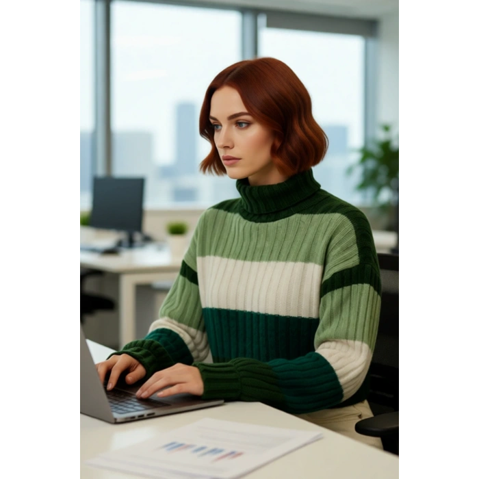 Kadın Balıkçı Yaka Renk Bloklu Super Crop Düşük Kol Fitilli Triko Kazak Soğuk Havalar İçin İdeal