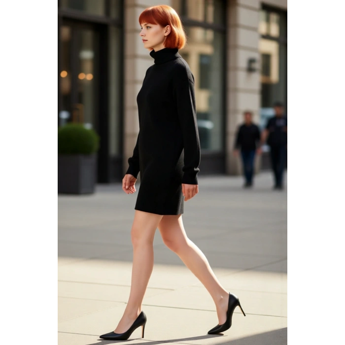 Kadın Balıkçı Yaka Shift Kalıp Akrilik Triko Kazak Elbise Uzun Kollu Kışlık Rahat Şık Tasarım