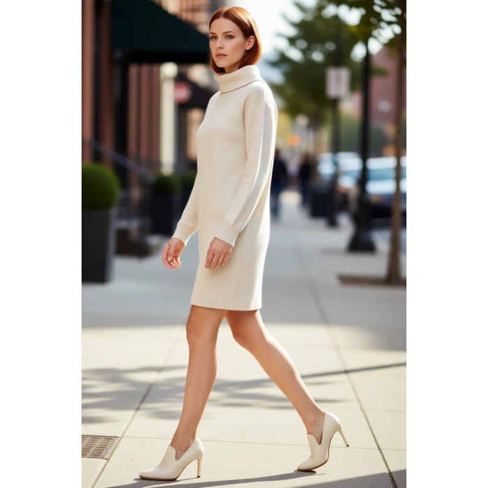 Kadın Balıkçı Yaka Shift Kalıp Akrilik Triko Kazak Elbise Uzun Kollu Kışlık Rahat Şık Tasarım