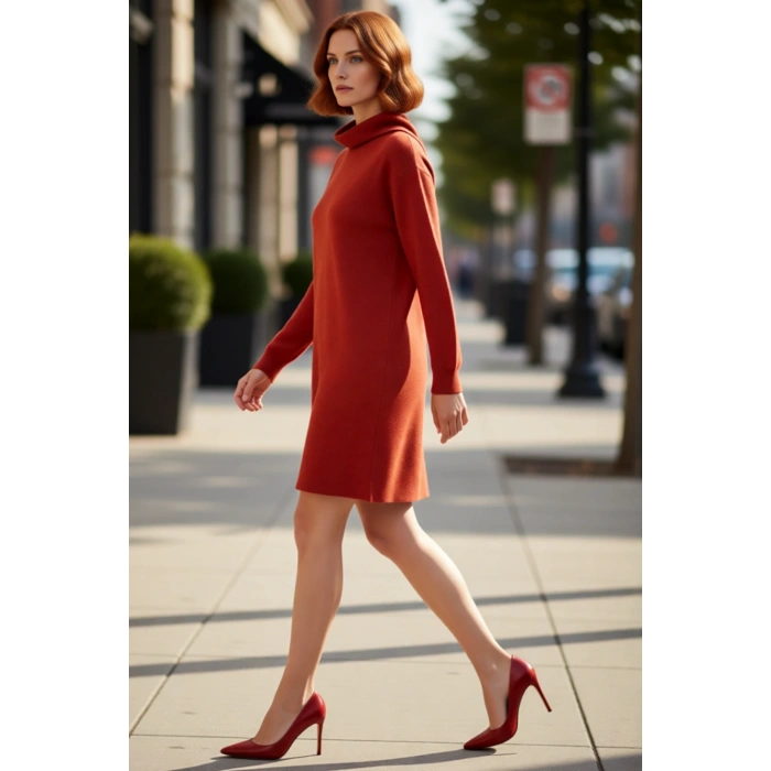 Kadın Balıkçı Yaka Shift Kalıp Akrilik Triko Kazak Elbise Uzun Kollu Kışlık Rahat Şık Tasarım