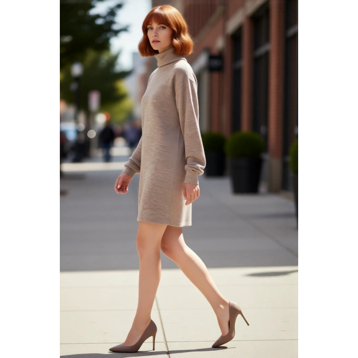 Kadın Balıkçı Yaka Shift Kalıp Akrilik Triko Kazak Elbise Uzun Kollu Kışlık Rahat Şık Tasarım