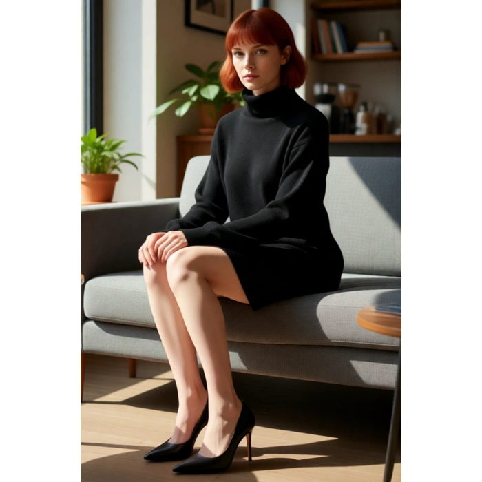 Kadın Balıkçı Yaka Shift Kalıp Akrilik Triko Kazak Elbise Uzun Kollu Kışlık Rahat Şık Tasarım