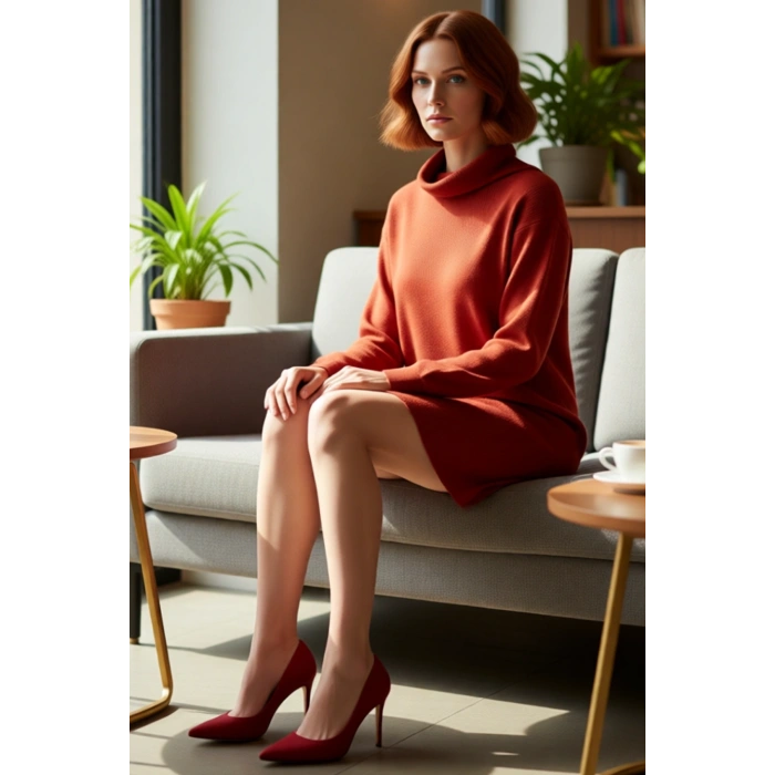 Kadın Balıkçı Yaka Shift Kalıp Akrilik Triko Kazak Elbise Uzun Kollu Kışlık Rahat Şık Tasarım