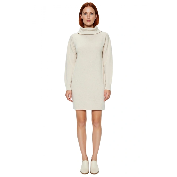 Kadın Balıkçı Yaka Shift Kalıp Akrilik Triko Kazak Elbise Uzun Kollu Kışlık Rahat Şık Tasarım