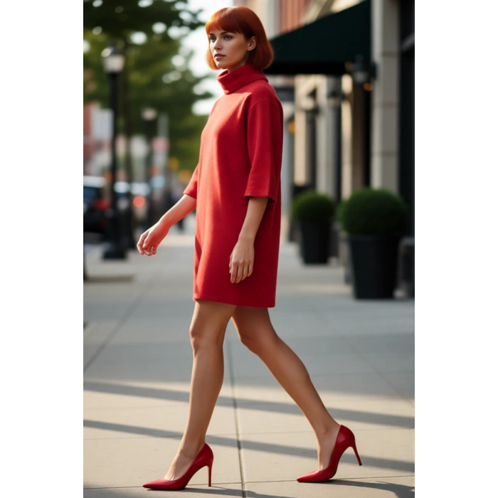 Kadın Balıkçı Yaka Shift Kalıp Düşük Kol Truvakar Boy Mini Örme Elbise Kış Günlük Kombinler İçin Şık