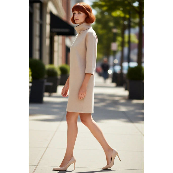 Kadın Balıkçı Yaka Shift Kalıp Düşük Kol Truvakar Boy Mini Örme Elbise Kış Günlük Kombinler İçin Şık