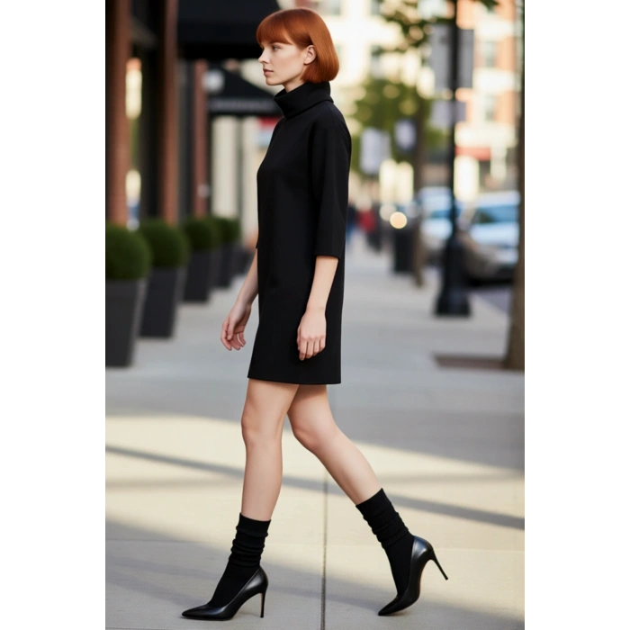 Kadın Balıkçı Yaka Shift Kalıp Düşük Kol Truvakar Boy Mini Örme Elbise Kış Günlük Kombinler İçin Şık