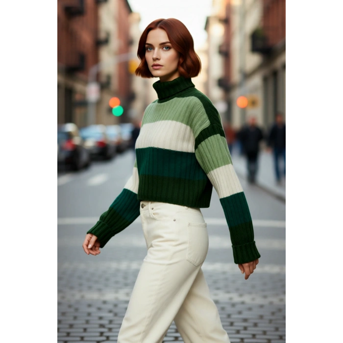 Kadın Balıkçı Yaka Uzun Kollu Renk Bloklu Super Crop Basic Fitilli Triko Kazak Günlük Şıklığınız