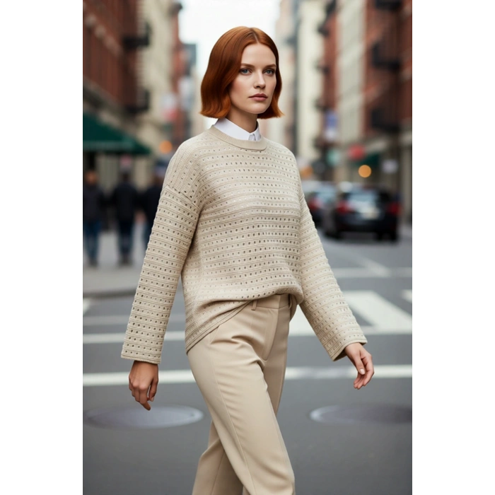 Kadın Basic Ajurlu Regular Kalıp Bisiklet Yaka Uzun Kollu Orta Kalın Triko Kazak Kaliteli Şık