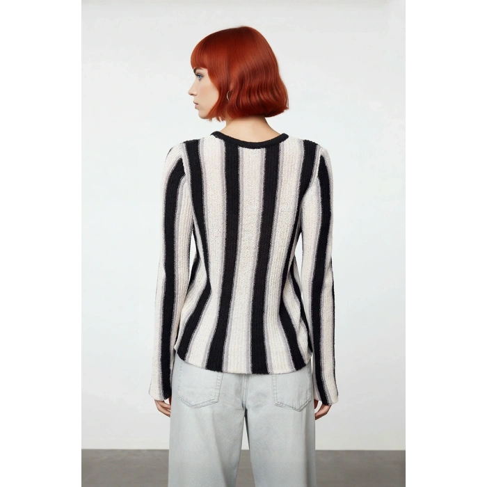 Kadın Basic Bisiklet Yaka İnce Triko Renk Bloklu Uzun Kollu Pamuk Polyester Karışımlı Kazak