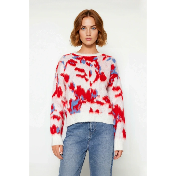 Kadın Basic Bisiklet Yaka Oversize Kalıp Batik Desenli Triko Kazak Kışlık Konfor Sunar Kaliteli