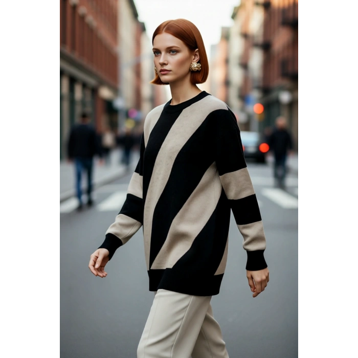 Kadın Basic Bisiklet Yaka Renk Bloklu Düşük Kollu Akrilik Triko Kazak Kış Günleri İçin İdeal